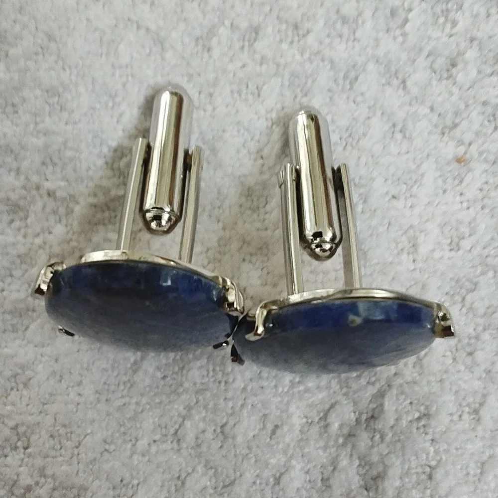 Cufflinks Blue Oval Sodalite Gemstone Silver Tone Prongs Toggle Back Mens
